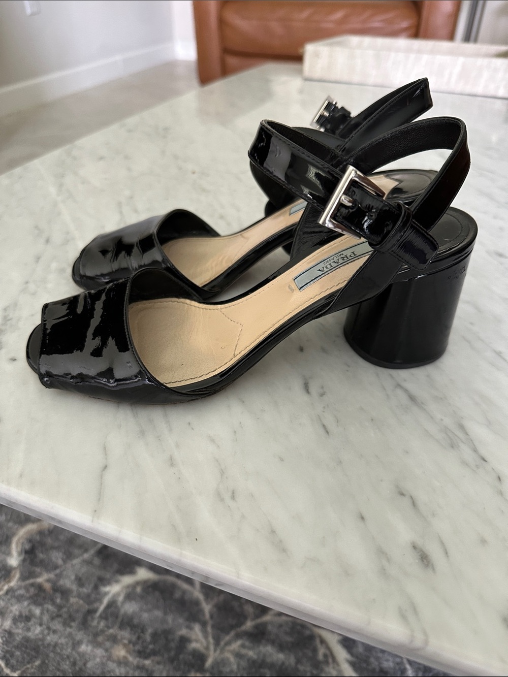 Prada Black Patent Leather Block Heel Sandals with Ankle Strap size 36.5